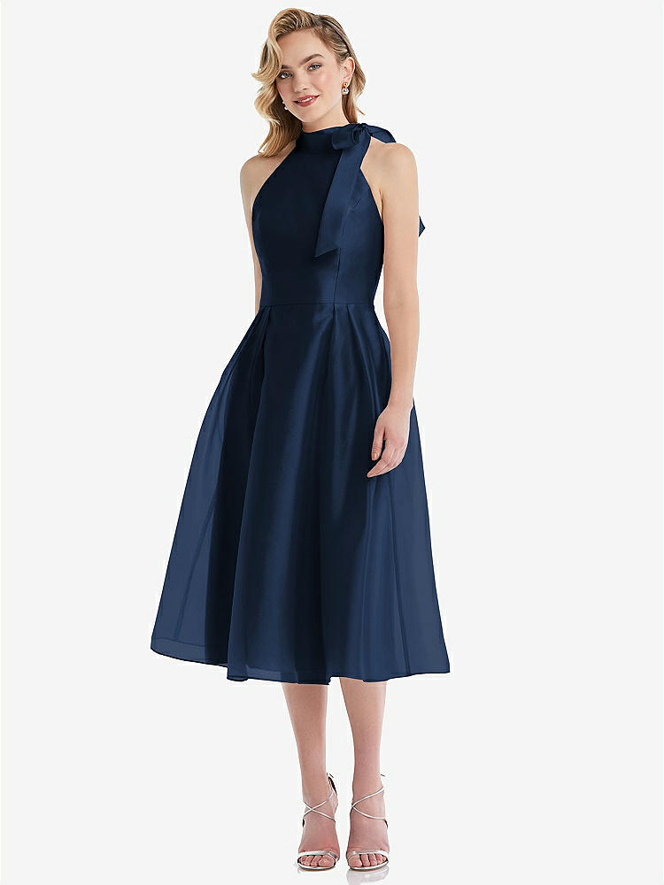 【STYLE: D833】Scarf-Tie High-Neck Halter Organdy Midi Dress【COLOR: Midnight Navy】