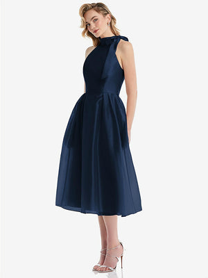 【STYLE: D833】Scarf-Tie High-Neck Halter Organdy Midi Dress【COLOR: Midnight Navy】