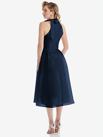 【STYLE: D833】Scarf-Tie High-Neck Halter Organdy Midi Dress【COLOR: Midnight Navy】