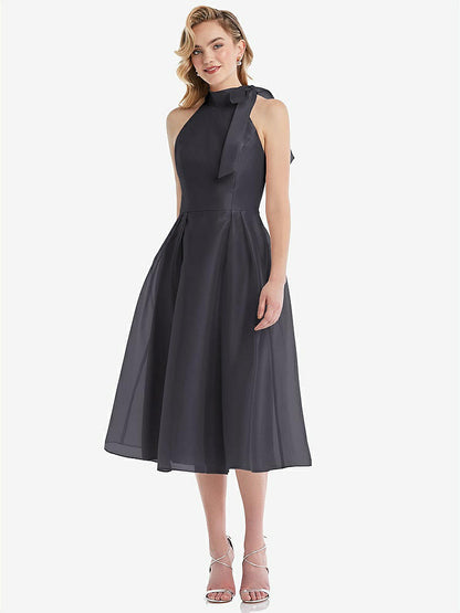 【NEW】【STYLE: D833】スカーフタイ ハイネック ホルター オルガンディ ミディ ドレス【COLOR: Onyx】【SIZE: 00-30W】