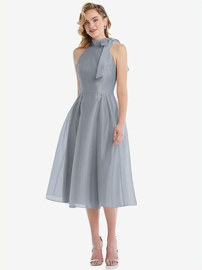 【STYLE: D833】Scarf-Tie High-Neck Halter Organdy Midi Dress【COLOR: Platinum】