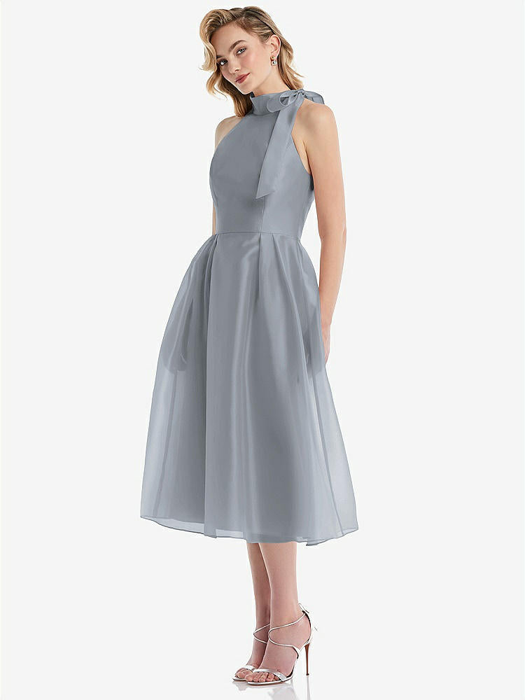 【STYLE: D833】Scarf-Tie High-Neck Halter Organdy Midi Dress【COLOR: Platinum】