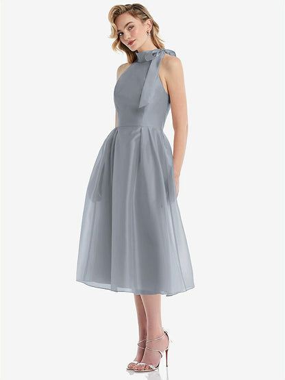【STYLE: D833】Scarf-Tie High-Neck Halter Organdy Midi Dress【COLOR: Platinum】