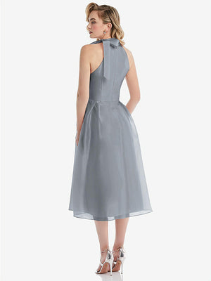 【STYLE: D833】Scarf-Tie High-Neck Halter Organdy Midi Dress【COLOR: Platinum】