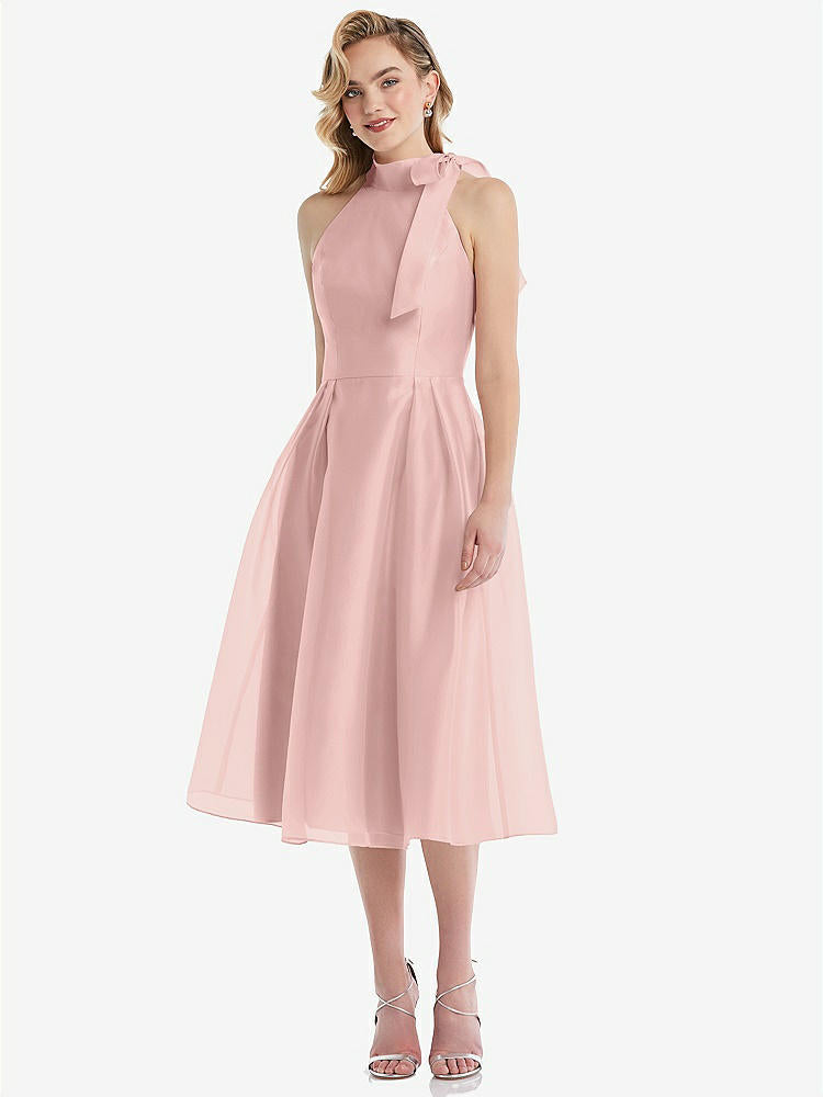 【STYLE: D833】Scarf-Tie High-Neck Halter Organdy Midi Dress【COLOR: Rose - PANTONE Rose Quartz】