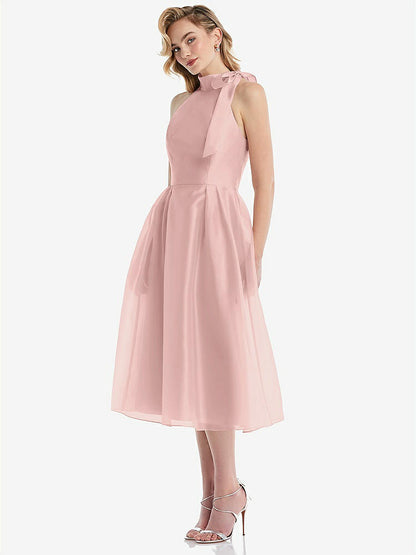 【STYLE: D833】Scarf-Tie High-Neck Halter Organdy Midi Dress【COLOR: Rose - PANTONE Rose Quartz】