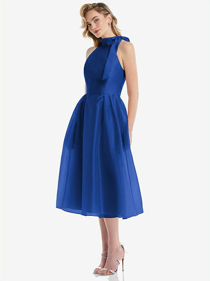 【STYLE: D833】Scarf-Tie High-Neck Halter Organdy Midi Dress【COLOR: Sapphire】