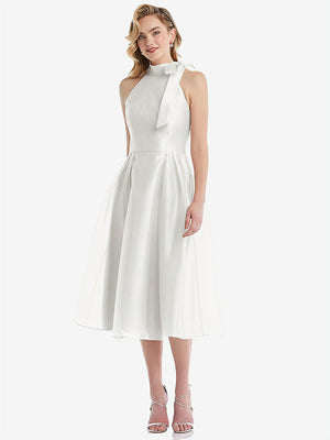 【STYLE: D833】Scarf-Tie High-Neck Halter Organdy Midi Dress【COLOR: Starlight】