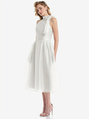 【STYLE: D833】Scarf-Tie High-Neck Halter Organdy Midi Dress【COLOR: Starlight】