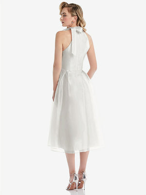 【STYLE: D833】Scarf-Tie High-Neck Halter Organdy Midi Dress【COLOR: Starlight】