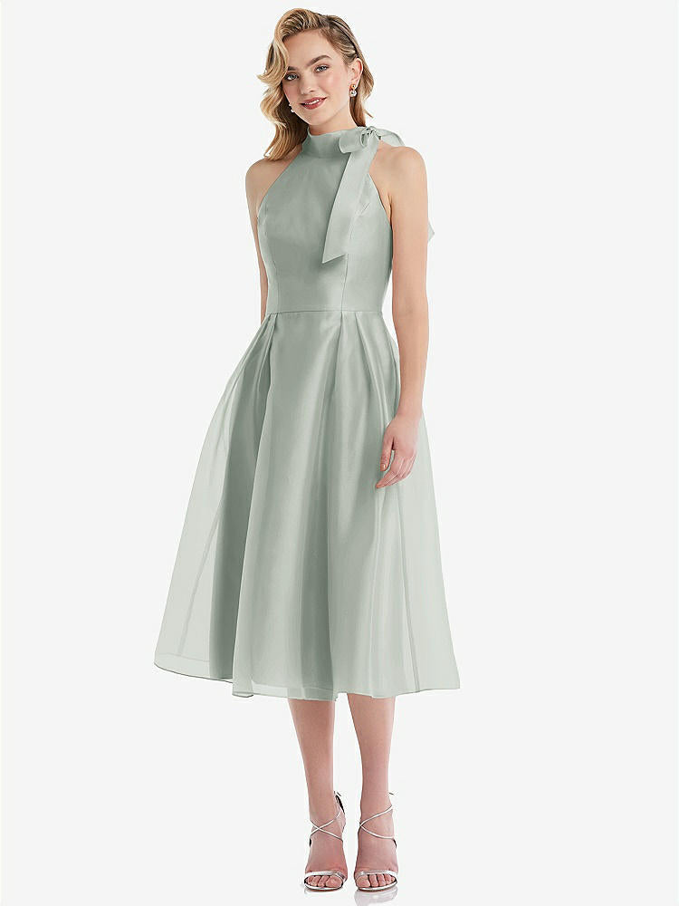 【STYLE: D833】Scarf-Tie High-Neck Halter Organdy Midi Dress【COLOR: Willow Green】