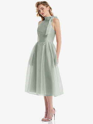 【STYLE: D833】Scarf-Tie High-Neck Halter Organdy Midi Dress【COLOR: Willow Green】