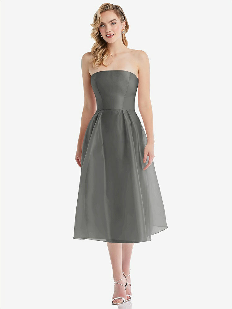 【STYLE: D834】Strapless Pleated Skirt Organdy Midi Dress【COLOR: Charcoal Gray】