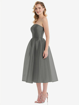 【STYLE: D834】Strapless Pleated Skirt Organdy Midi Dress【COLOR: Charcoal Gray】