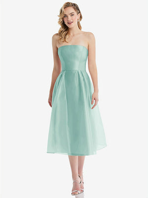 【STYLE: D834】Strapless Pleated Skirt Organdy Midi Dress【COLOR: Coastal】