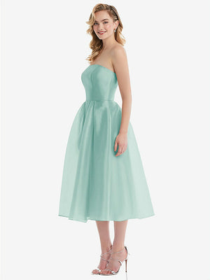 【STYLE: D834】Strapless Pleated Skirt Organdy Midi Dress【COLOR: Coastal】