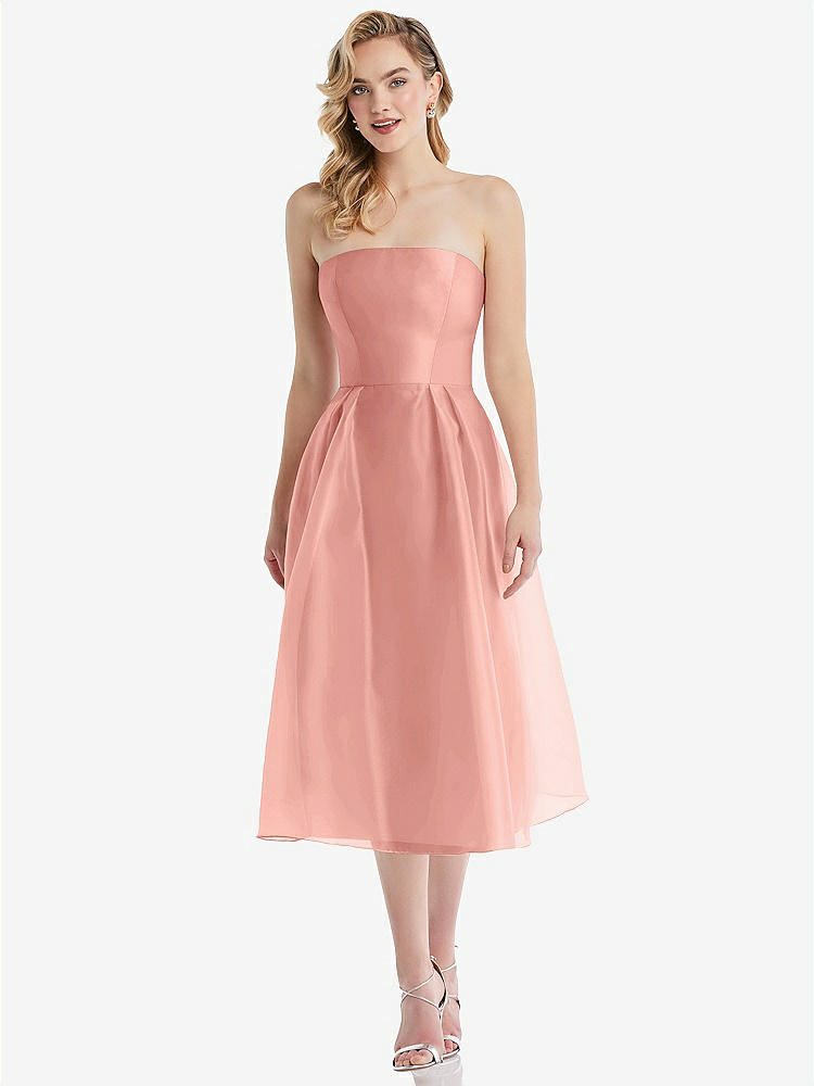 【STYLE: D834】Strapless Pleated Skirt Organdy Midi Dress【COLOR: Apricot】