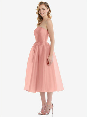 【STYLE: D834】Strapless Pleated Skirt Organdy Midi Dress【COLOR: Apricot】
