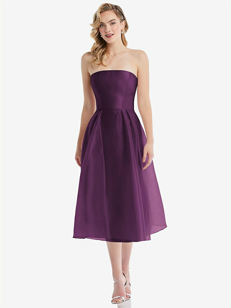 【STYLE: D834】Strapless Pleated Skirt Organdy Midi Dress【COLOR: Aubergine】