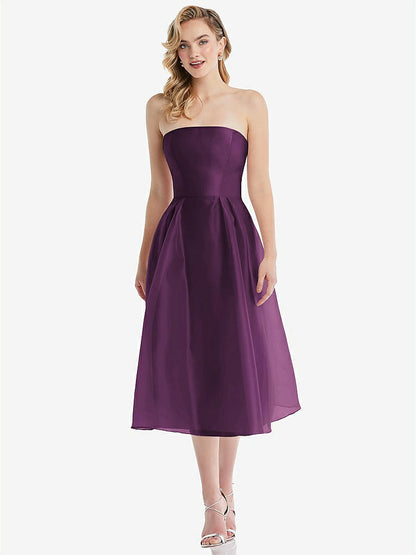 【STYLE: D834】Strapless Pleated Skirt Organdy Midi Dress【COLOR: Aubergine】
