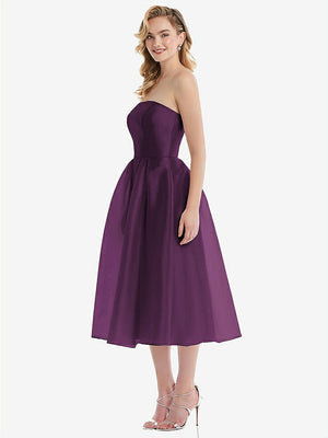 【STYLE: D834】Strapless Pleated Skirt Organdy Midi Dress【COLOR: Aubergine】