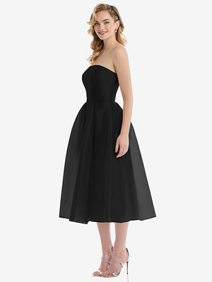 【STYLE: D834】Strapless Pleated Skirt Organdy Midi Dress【COLOR: Black】