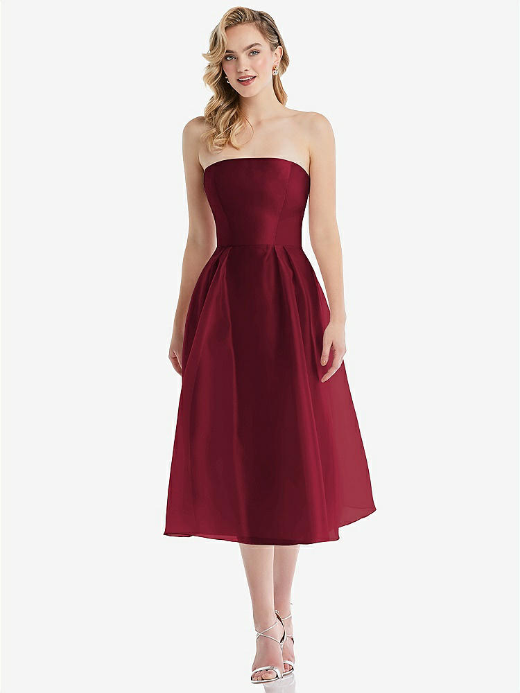 【STYLE: D834】Strapless Pleated Skirt Organdy Midi Dress【COLOR: Burgundy】