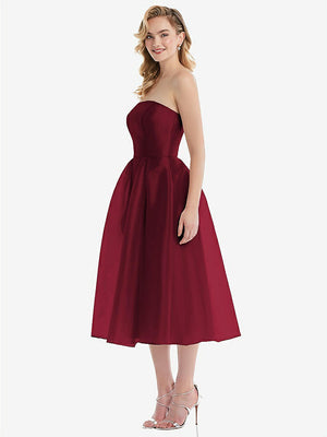 【STYLE: D834】Strapless Pleated Skirt Organdy Midi Dress【COLOR: Burgundy】