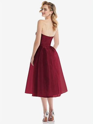 【STYLE: D834】Strapless Pleated Skirt Organdy Midi Dress【COLOR: Burgundy】