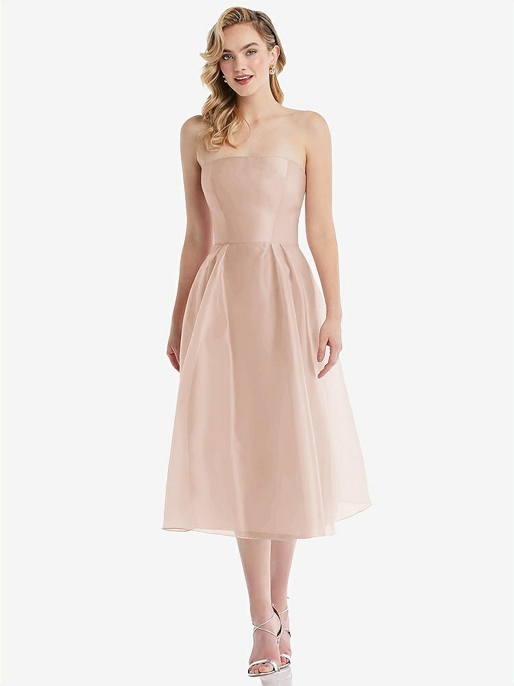 【STYLE: D834】Strapless Pleated Skirt Organdy Midi Dress【COLOR: Cameo】