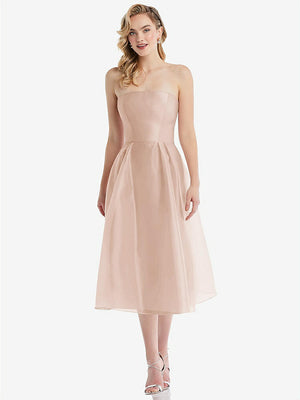 【STYLE: D834】Strapless Pleated Skirt Organdy Midi Dress【COLOR: Cameo】