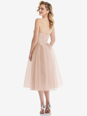 【STYLE: D834】Strapless Pleated Skirt Organdy Midi Dress【COLOR: Cameo】