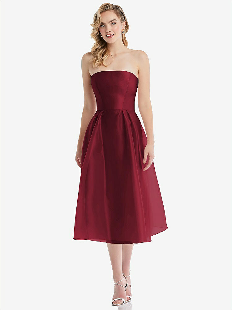 【STYLE: D834】Strapless Pleated Skirt Organdy Midi Dress【COLOR: Claret】