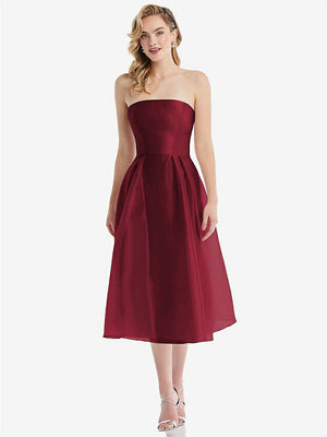 【STYLE: D834】Strapless Pleated Skirt Organdy Midi Dress【COLOR: Claret】