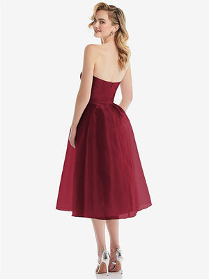 【STYLE: D834】Strapless Pleated Skirt Organdy Midi Dress【COLOR: Claret】