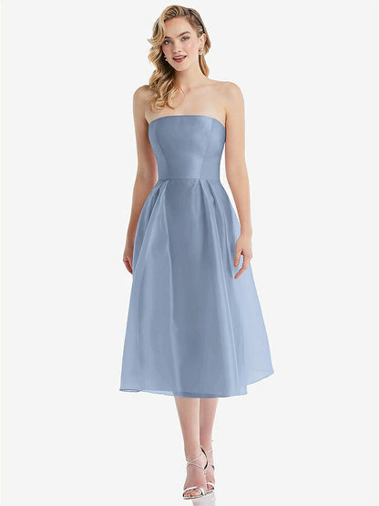 【STYLE: D834】Strapless Pleated Skirt Organdy Midi Dress【COLOR: Cloudy】