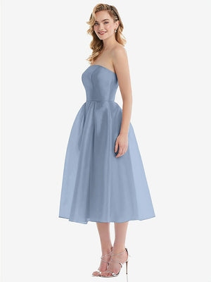 【STYLE: D834】Strapless Pleated Skirt Organdy Midi Dress【COLOR: Cloudy】