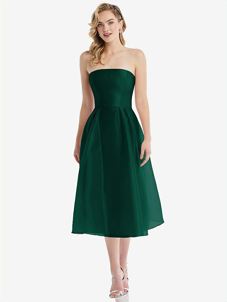 【STYLE: D834】Strapless Pleated Skirt Organdy Midi Dress【COLOR: Hunter Green】