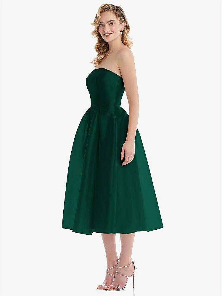 【STYLE: D834】Strapless Pleated Skirt Organdy Midi Dress【COLOR: Hunter Green】