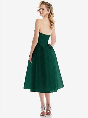 【STYLE: D834】Strapless Pleated Skirt Organdy Midi Dress【COLOR: Hunter Green】