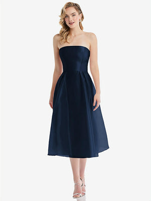 【STYLE: D834】Strapless Pleated Skirt Organdy Midi Dress【COLOR: Midnight Navy】