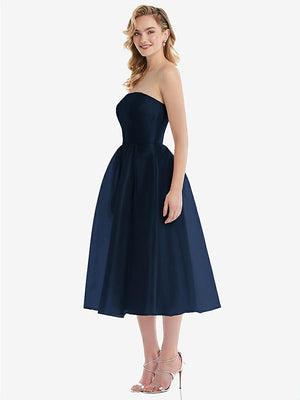 【STYLE: D834】Strapless Pleated Skirt Organdy Midi Dress【COLOR: Midnight Navy】