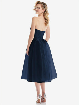 【STYLE: D834】Strapless Pleated Skirt Organdy Midi Dress【COLOR: Midnight Navy】