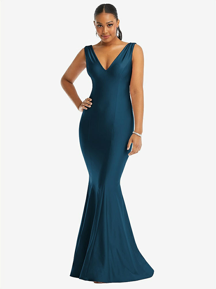 【STYLE: CS100】Shirred Shoulder Stretch Satin Mermaid Dress with Slight Train【COLOR: Atlantic Blue】