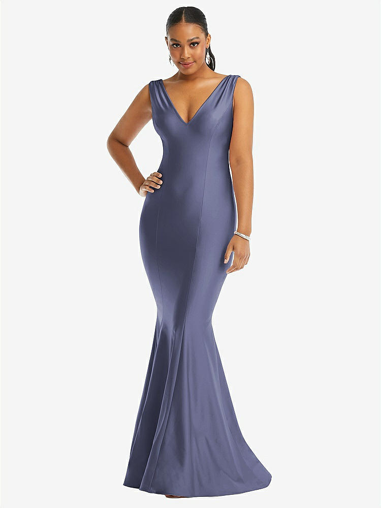 【STYLE: CS100】Shirred Shoulder Stretch Satin Mermaid Dress with Slight Train【COLOR: French Blue】