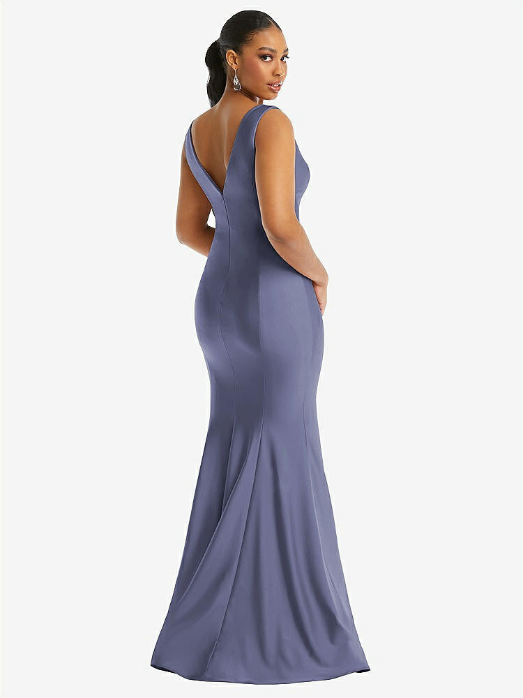 【STYLE: CS100】Shirred Shoulder Stretch Satin Mermaid Dress with Slight Train【COLOR: French Blue】