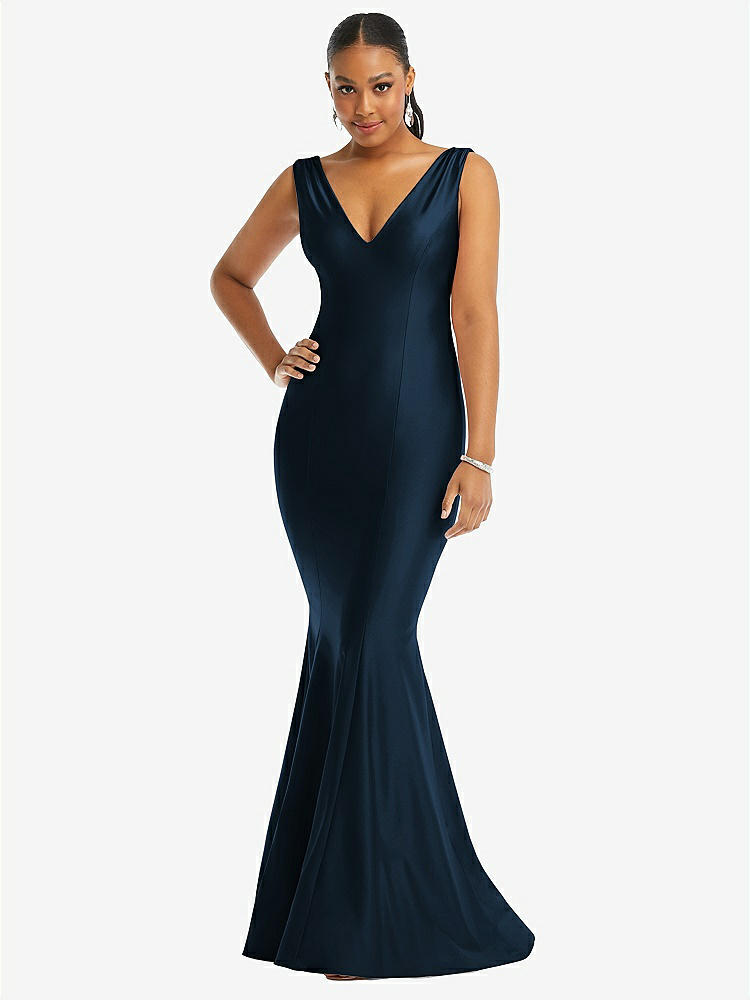 【STYLE: CS100】Shirred Shoulder Stretch Satin Mermaid Dress with Slight Train【COLOR: Midnight Navy】