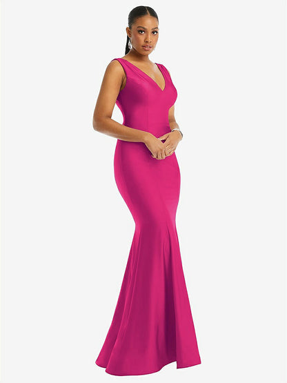 【STYLE: CS100】Shirred Shoulder Stretch Satin Mermaid Dress with Slight Train【COLOR: Think Pink】