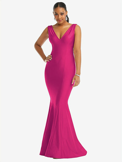 【STYLE: CS100】Shirred Shoulder Stretch Satin Mermaid Dress with Slight Train【COLOR: Think Pink】
