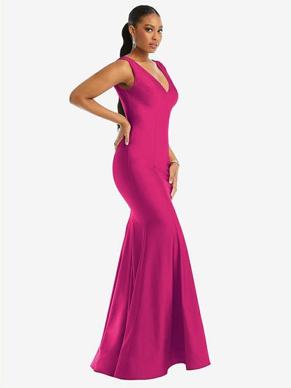 【STYLE: CS100】Shirred Shoulder Stretch Satin Mermaid Dress with Slight Train【COLOR: Think Pink】